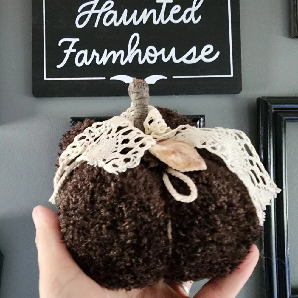 Knit Sweater Pumpkin Pillow Pouf, Upcycled Brown Chenille with Vintage Lace - Picture 6 of 9